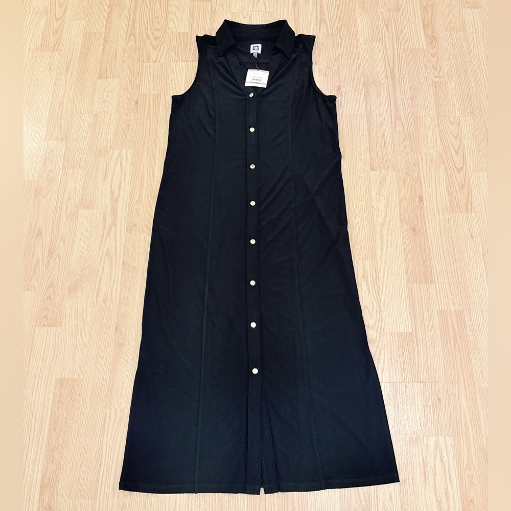 Anne Klein Black Dress Gold Buttons Sleeveless Long Flowy Women’s Sz 12 NEW NWT
